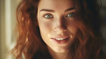 une femme avec longue rouge cheveux et vert yeux. génératif ai photo