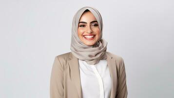 une femme portant une hijab est souriant. génératif ai photo