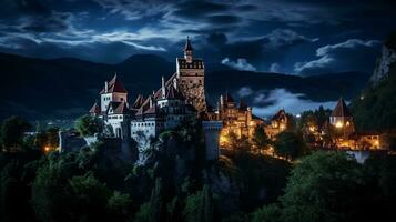 nuit vue de fibre Château - dracula château. génératif ai photo