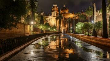 nuit vue de Alcazar de séville. génératif ai photo