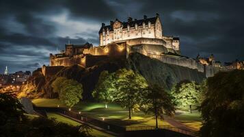 nuit vue de Edinbourg château. génératif ai photo