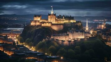 nuit vue de Edinbourg château. génératif ai photo