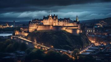 nuit vue de Edinbourg château. génératif ai photo