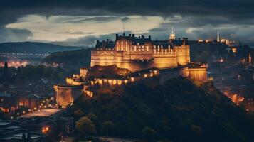 nuit vue de Edinbourg château. génératif ai photo