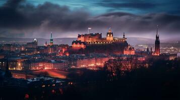 nuit vue de Edinbourg château. génératif ai photo