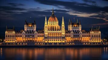 nuit vue de Budapest parlement. génératif ai photo