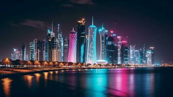 nuit vue de burj Qatar. génératif ai photo