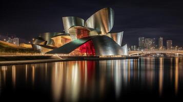 nuit vue de guggenheim musée bilbao. génératif ai photo