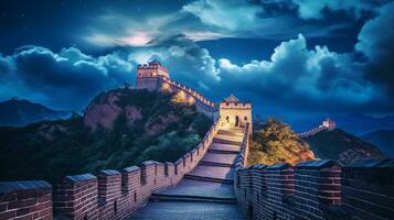 nuit vue de génial mur de Chine. génératif ai photo