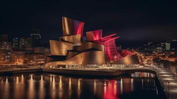 nuit vue de guggenheim musée bilbao. génératif ai photo