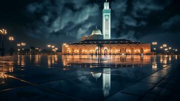 nuit vue de hassan ii mosquée. génératif ai photo