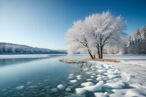 hiver scène capturer le essence de une parfait couvert de neige vallée niché entre majestueux neige plafonné montagnes. ai généré. photo