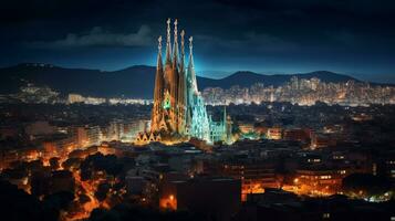 nuit vue de sagrada famille. génératif ai photo