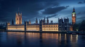 nuit vue de palais de Westminster. génératif ai photo