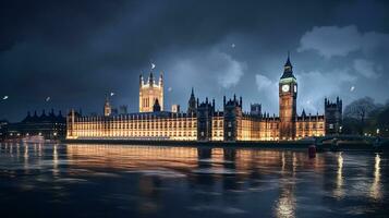 nuit vue de palais de Westminster. génératif ai photo