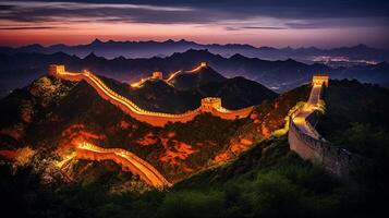 nuit vue de le génial mur de Chine. génératif ai photo