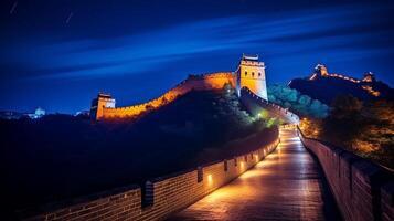 nuit vue de le génial mur de Chine. génératif ai photo