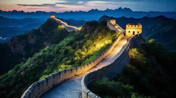 nuit vue de le génial mur de Chine. génératif ai photo