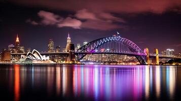 nuit vue de Sydney port pont. génératif ai photo