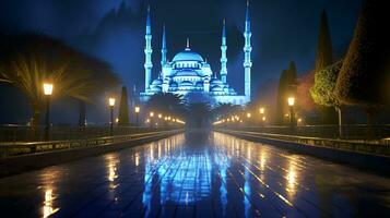 nuit vue de le bleu mosquée. génératif ai photo