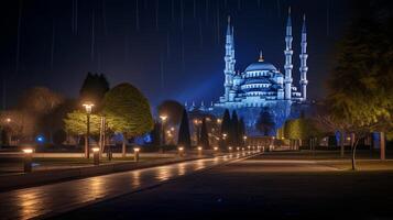 nuit vue de le bleu mosquée. génératif ai photo