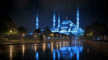 nuit vue de le bleu mosquée. génératif ai photo