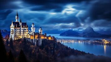 nuit vue de Neuschwanstein château. génératif ai photo