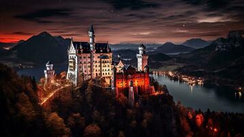 nuit vue de Neuschwanstein château. génératif ai photo