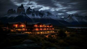 nuit vue de torres del paine Hôtel. génératif ai photo