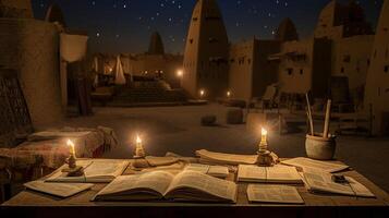 nuit vue de Tombouctou manuscrits. génératif ai photo