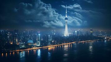 nuit vue de tokyo arbre céleste. génératif ai photo