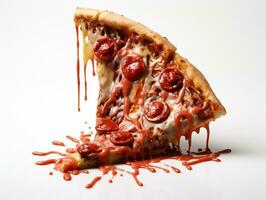 Pizza tranches avec tomate sauce sur une blanc Contexte ai génératif photo