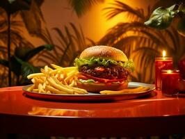 juteux Burger sur chaud assiette avec frites et tomate sauce ai génératif photo