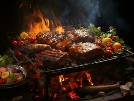 barbecue nourriture un barbecue Hamburger gril travers de porc steak ai génératif photo