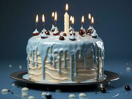 bleu et blanc anniversaire gâteau avec une Célibataire bougie sur une bleu Contexte ai génératif photo