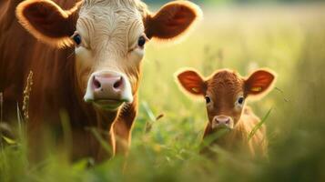 une rural scène avec une vache et une veau dans une vert prairie. génératif ai photo