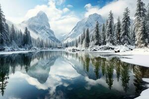 hiver paysage de neigeux montagnes avec Lac et pin des arbres. génératif ai photo