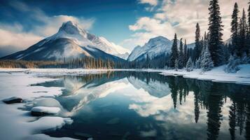 hiver paysage de neigeux montagnes avec Lac et pin des arbres. génératif ai photo