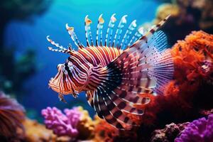 nain poisson-lion sur le corail récifs. génératif ai photo