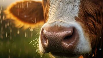 fermer de le nez et narines de une vache dans le pâturage. génératif ai photo