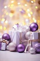 blanc et violet Noël des balles et Noël cadeau des boites. génératif ai photo