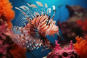 nain poisson-lion sur le corail récifs. génératif ai photo