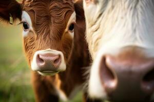 une rural scène avec une vache et une veau dans une vert prairie. génératif ai photo