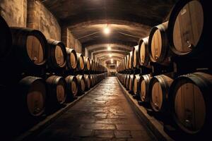 en bois chêne barils pour du vin dans le cave. génératif ai photo