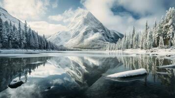 hiver paysage de neigeux montagnes avec Lac et pin des arbres. génératif ai photo
