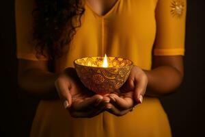 femme mains avec henné en portant coloré argile diya les lampes allumé pendant diwali fête. ai génératif photo