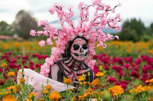 glorieux élégance dans le cœur de cholule cempasuchil des champs une fascinant journée de le mort séance photo, avec une étourdissant femme transformé dans une catrine, payant à le tradition de mourir de muertos photo