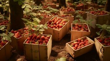 fraîchement choisi fraise fruit de jardin mis dans le des boites. génératif ai photo