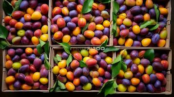 fraîchement choisi rumbia fruit de jardin mis dans le des boites. génératif ai photo