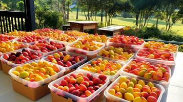 fraîchement choisi mata fruit de jardin mis dans le des boites. génératif ai photo